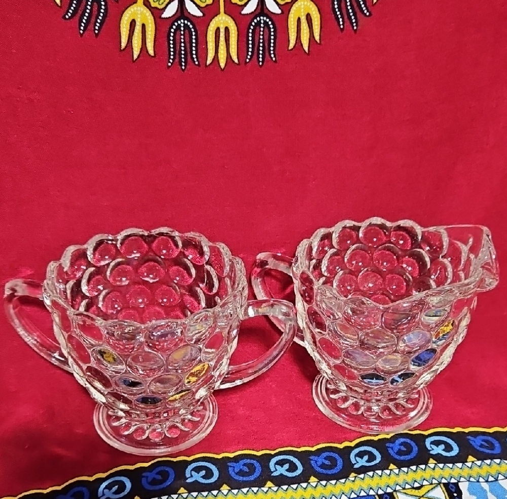 Vintage Anchor Hocking Clear Glass Bubble Creamer and Open Sugar Bowl Set of 2